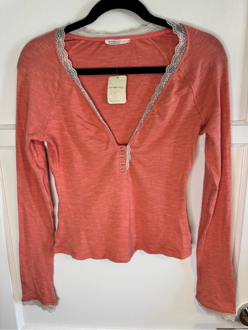 NWT Free People Intimately Crush Blush Rose Lace Trim Henley Top Size L